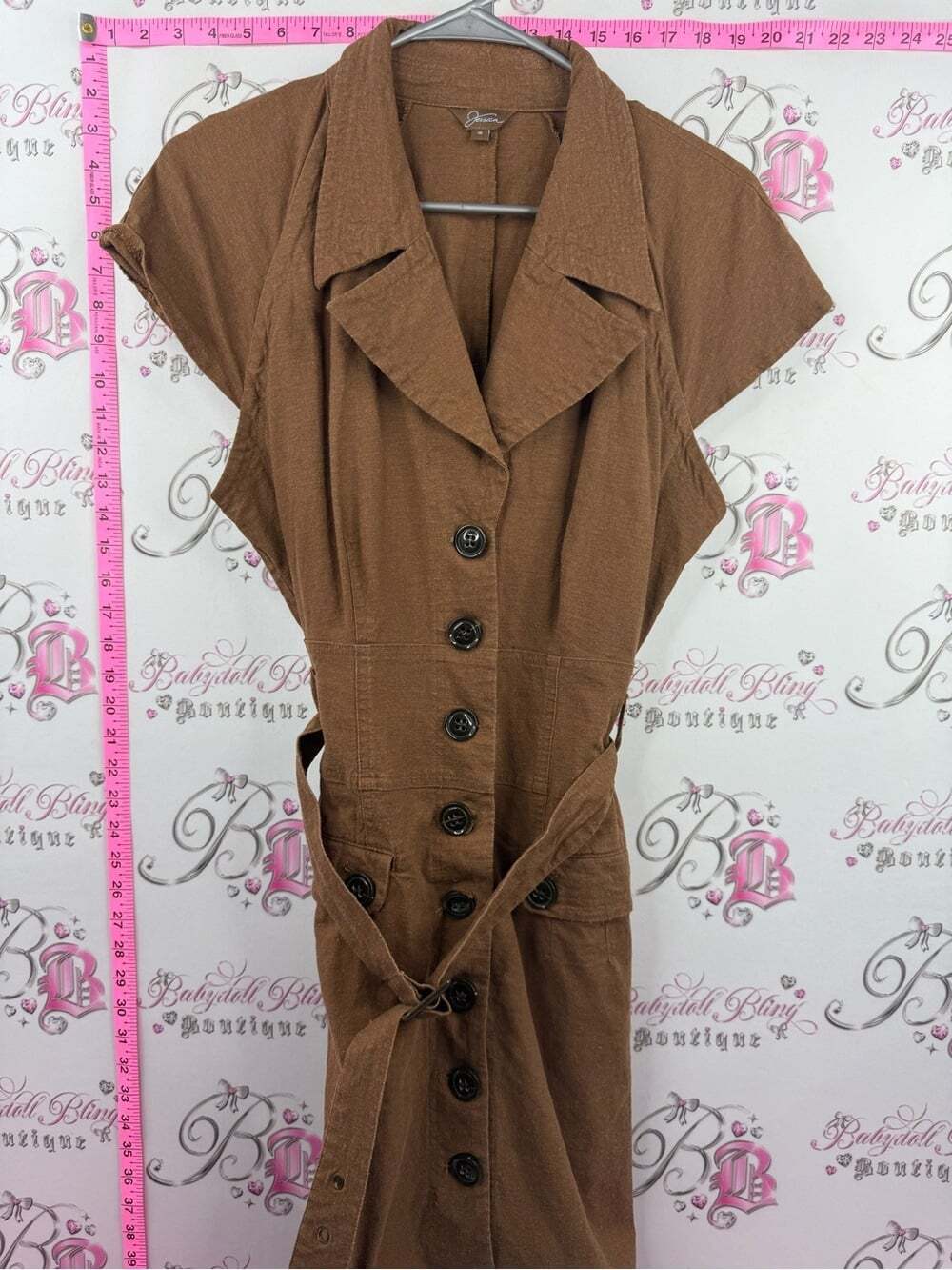 Jessica linen dress button up belted belt Brown Button-Front Midi Dress
